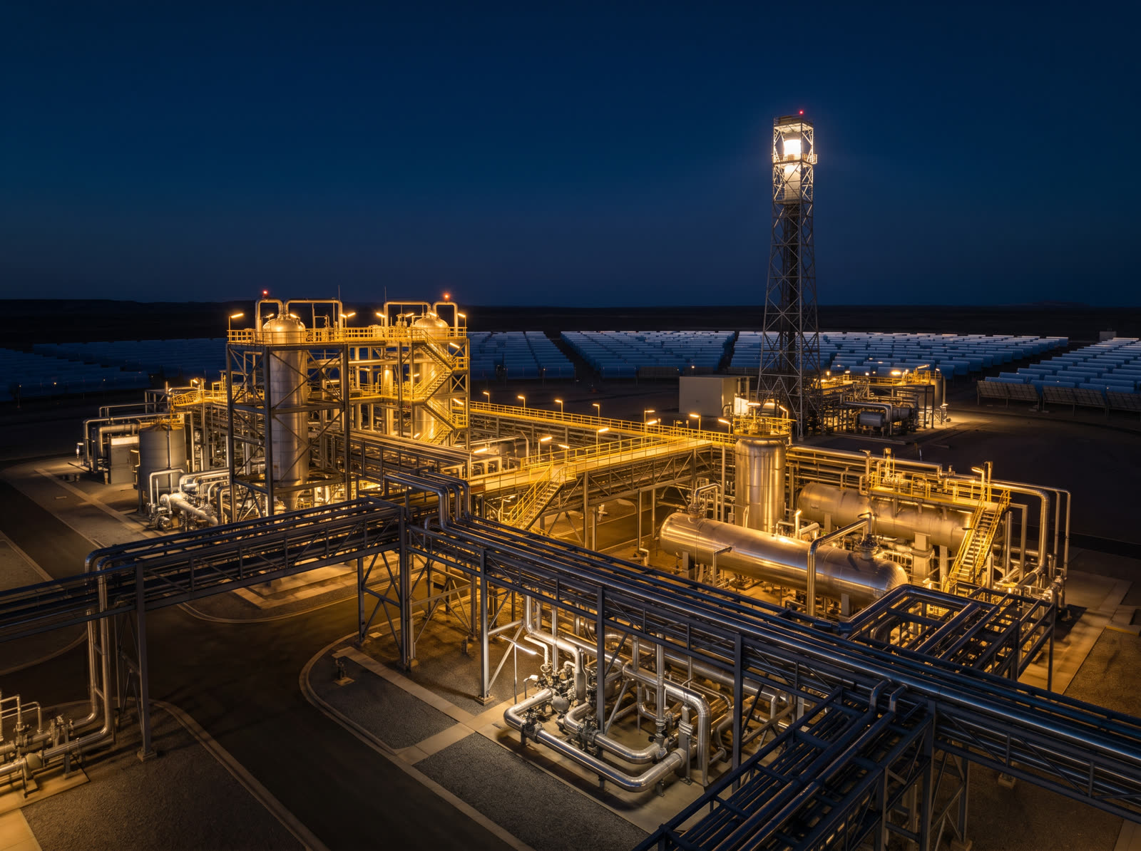 Large-scale energy infrastructure facility at blue hour — pipework, vessels and steel structures lit by warm amber lights