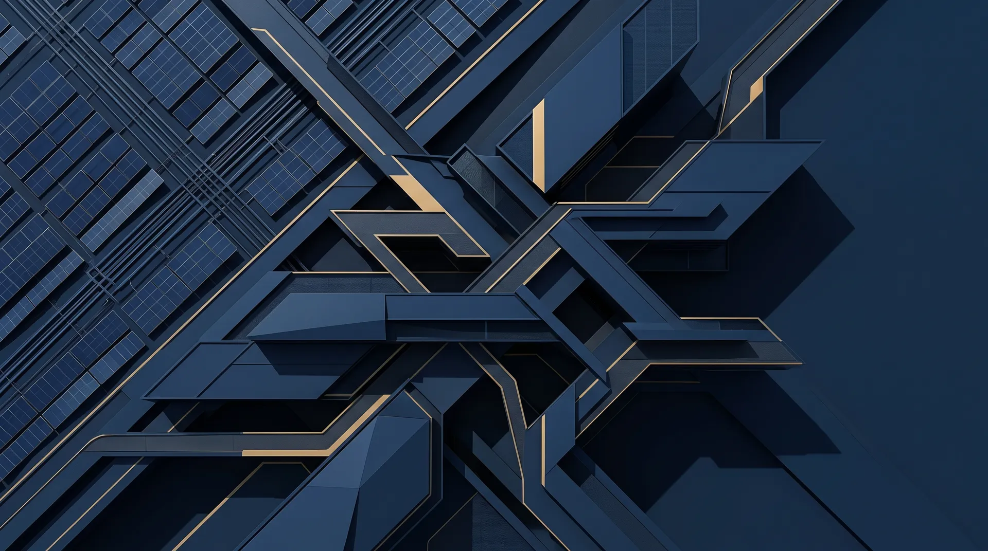 Abstract architectural geometry in deep navy with warm accent lines, evoking infrastructure, grid and boardroom forms