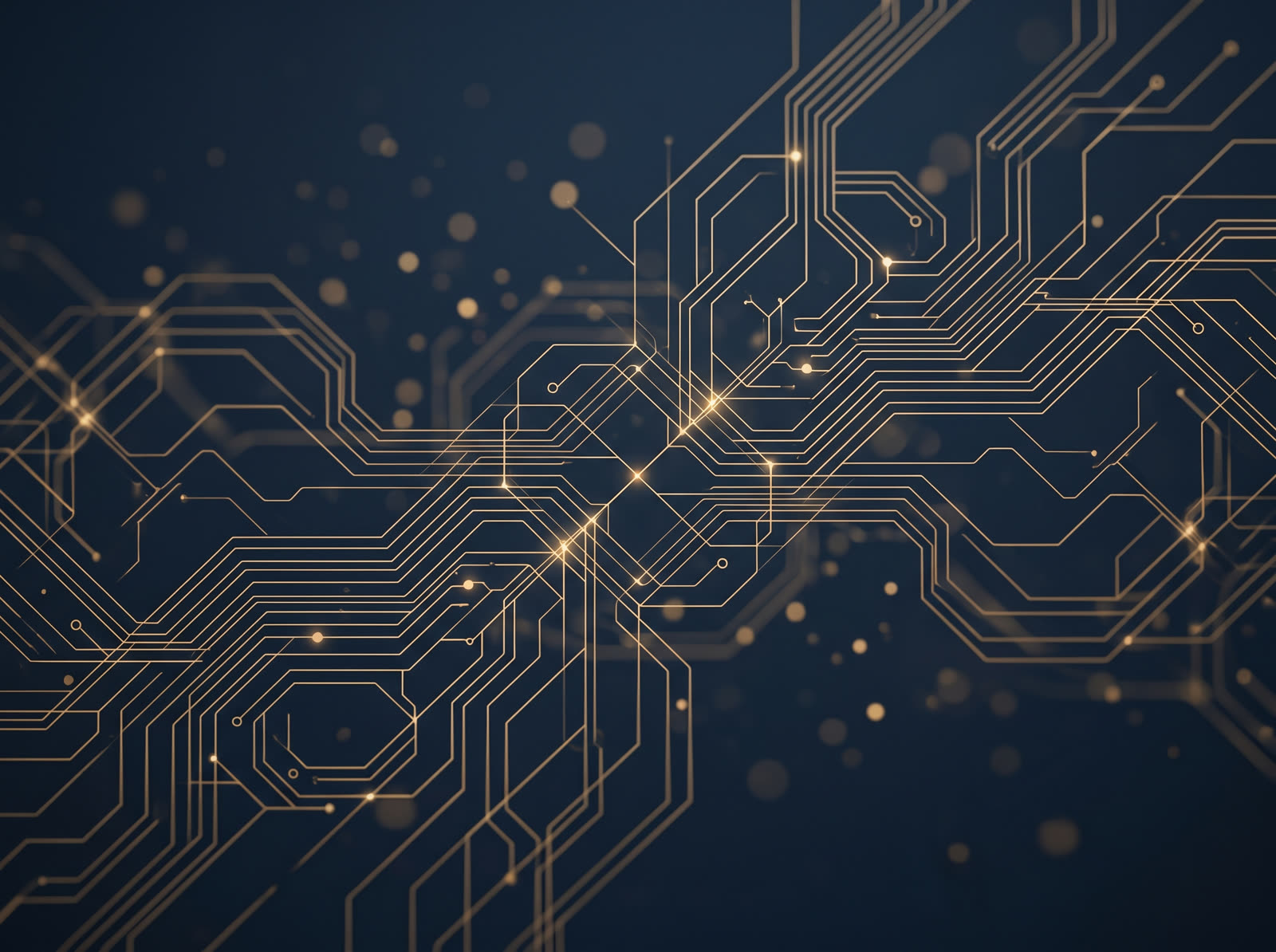 Abstract navy composition with warm gold circuit and neural network lines — representing AI-enabled software