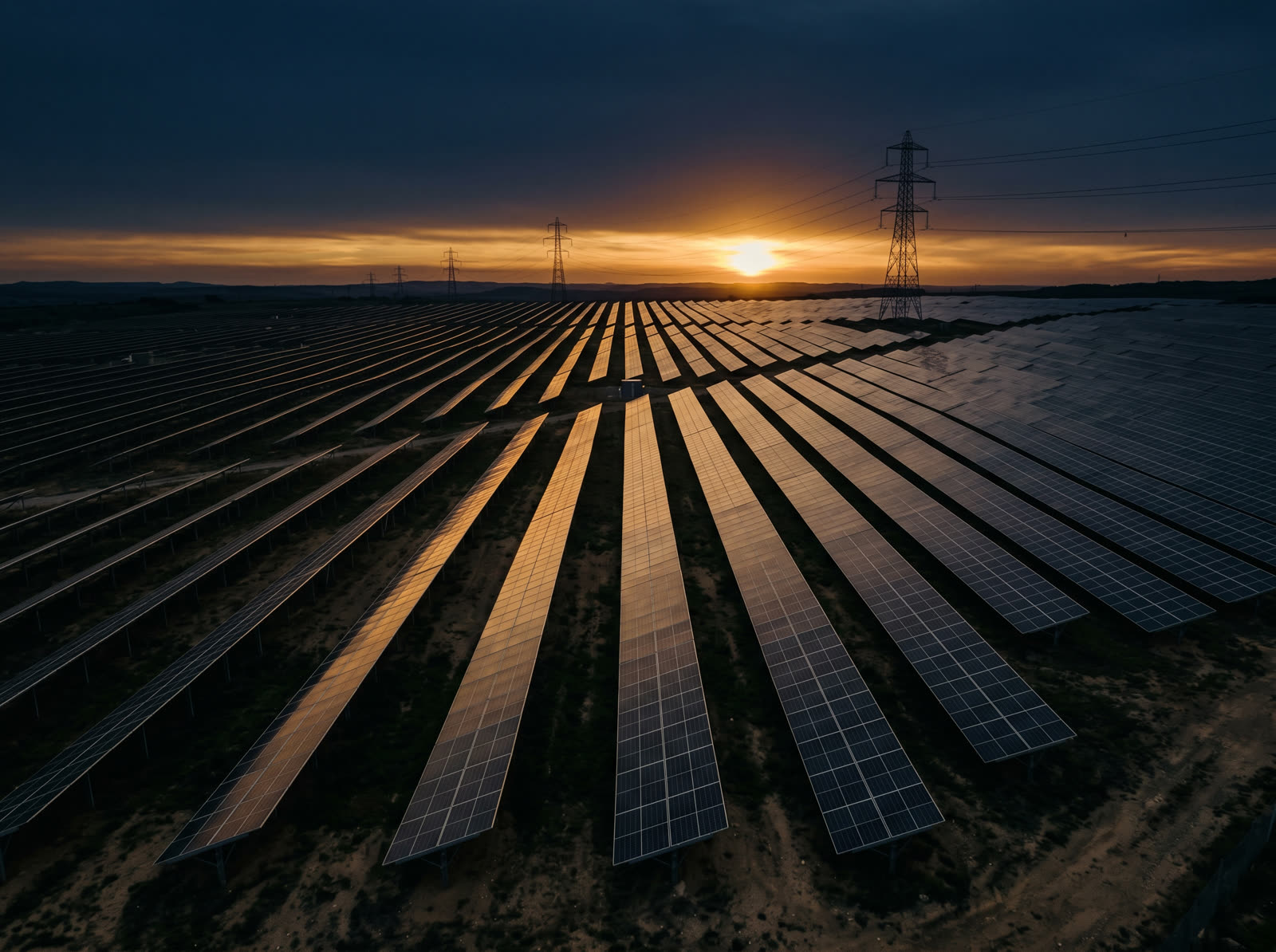 Utility-scale solar PV farm at dusk with transmission pylons silhouetted against a deep navy sky