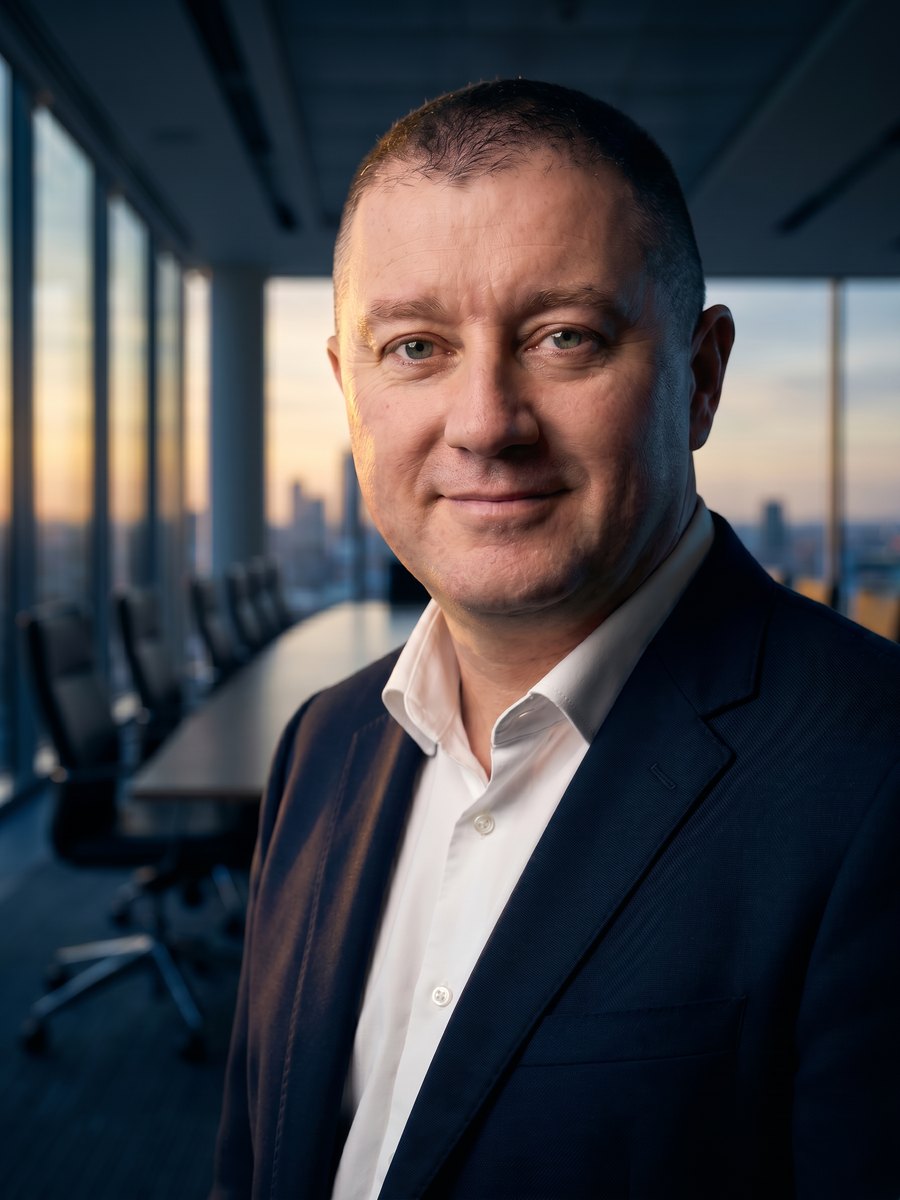 Paul Leonard — portrait in a boardroom at dusk